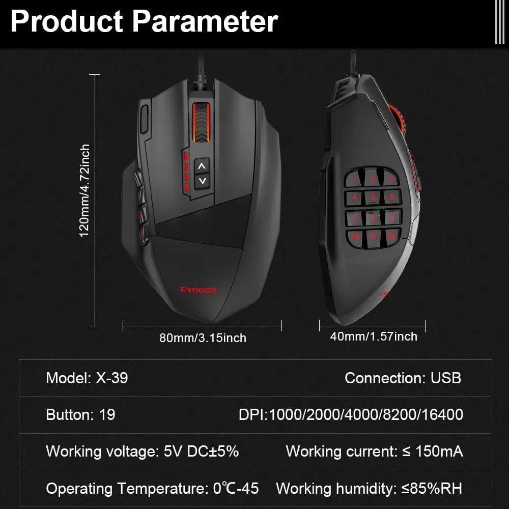 E-Yooso X39 Wired Gaming Mouse, PAW3327, RGB Backlit, 10 Macro Side Buttons
