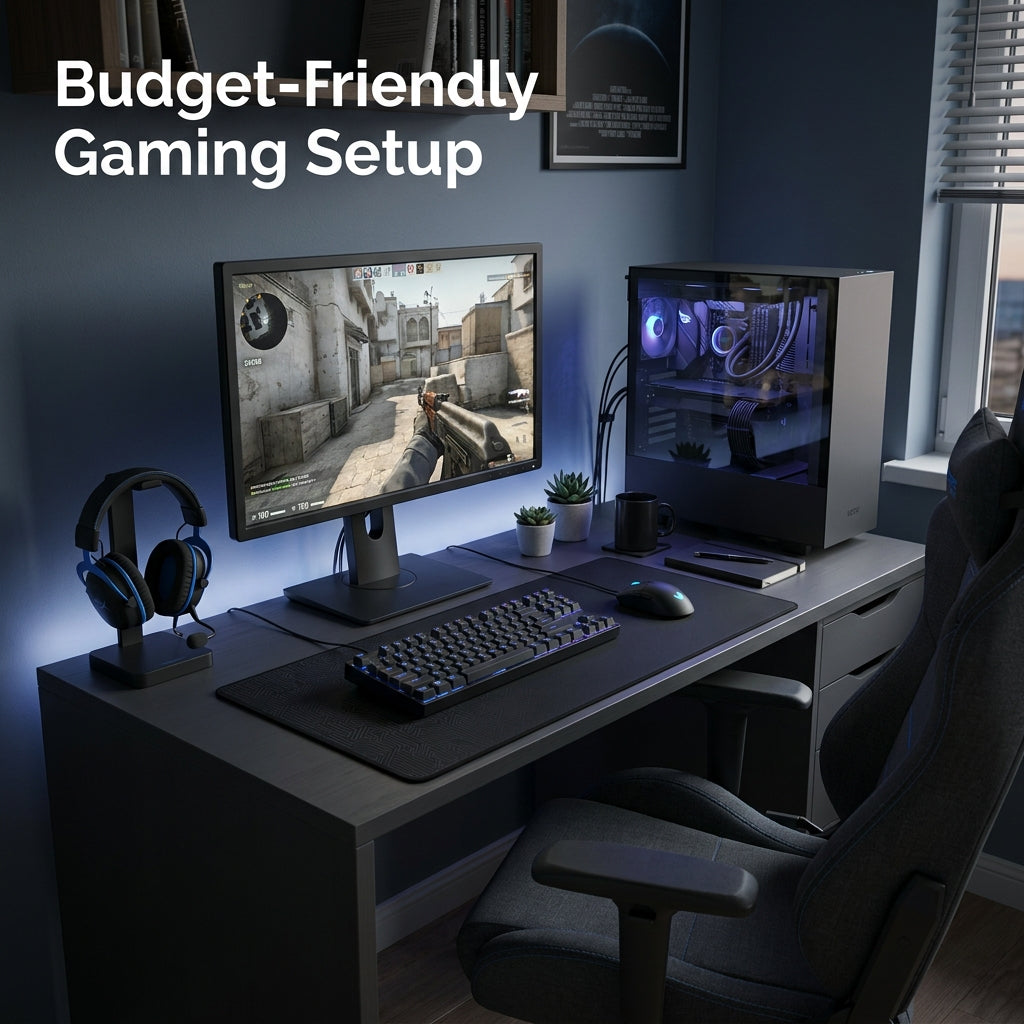 Affordable RGB gaming setup for beginners with gaming keyboard, mouse, headset, and mouse pad.