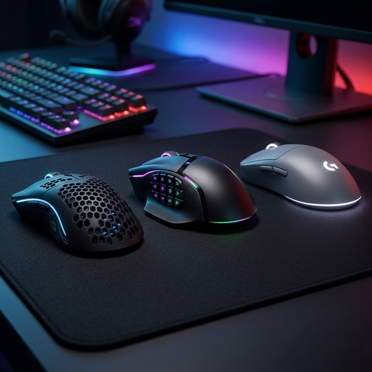 RGB gaming mouse on a gaming desk used for FPS and MOBA gameplay.