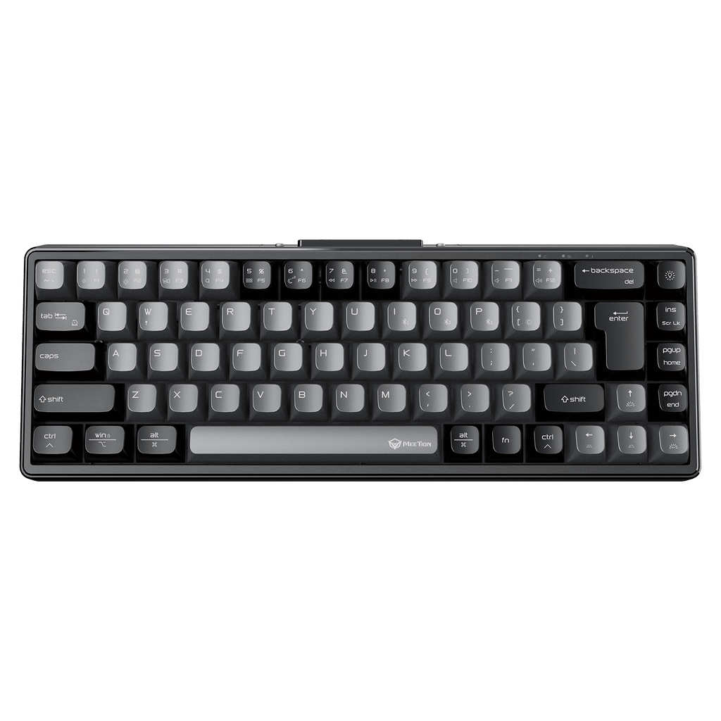 Mechanical keyboard with a black frame and gray keys on a transparent background