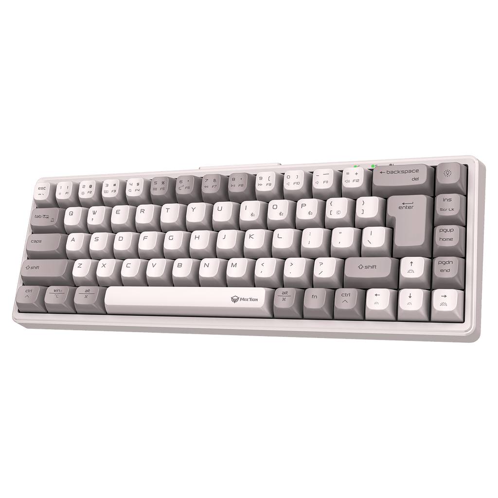 Mechanical keyboard with gray and white keys on a green background