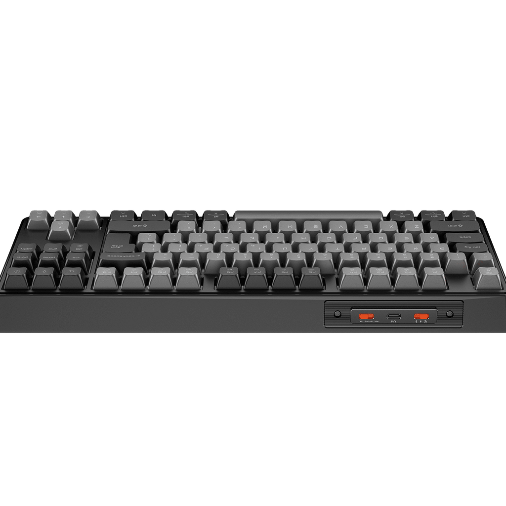 Mechanical keyboard with black frame and gray keys on a transparent background