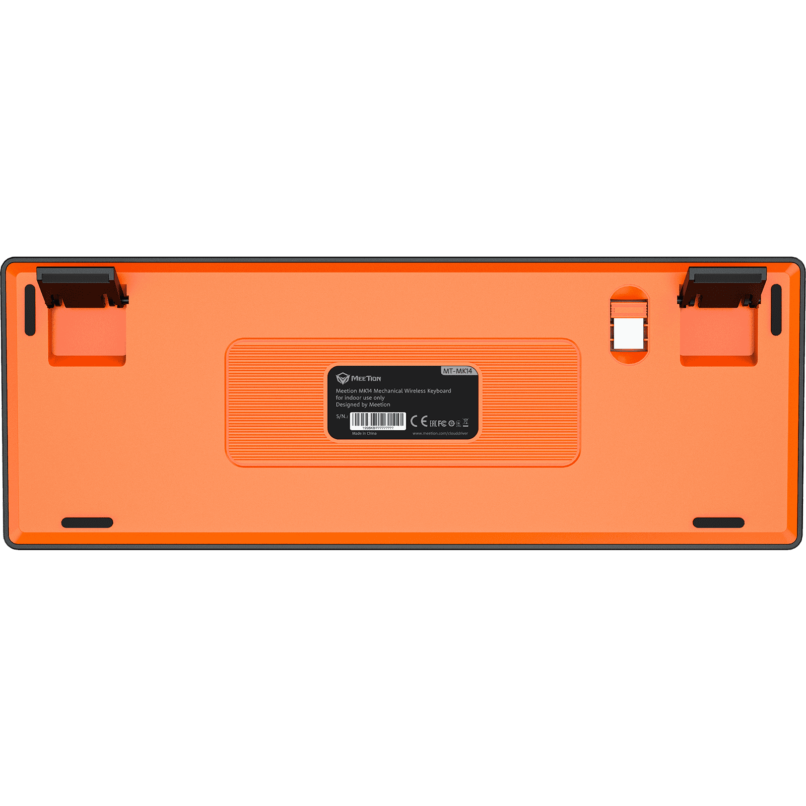 Orange electronic device with a label on a green background