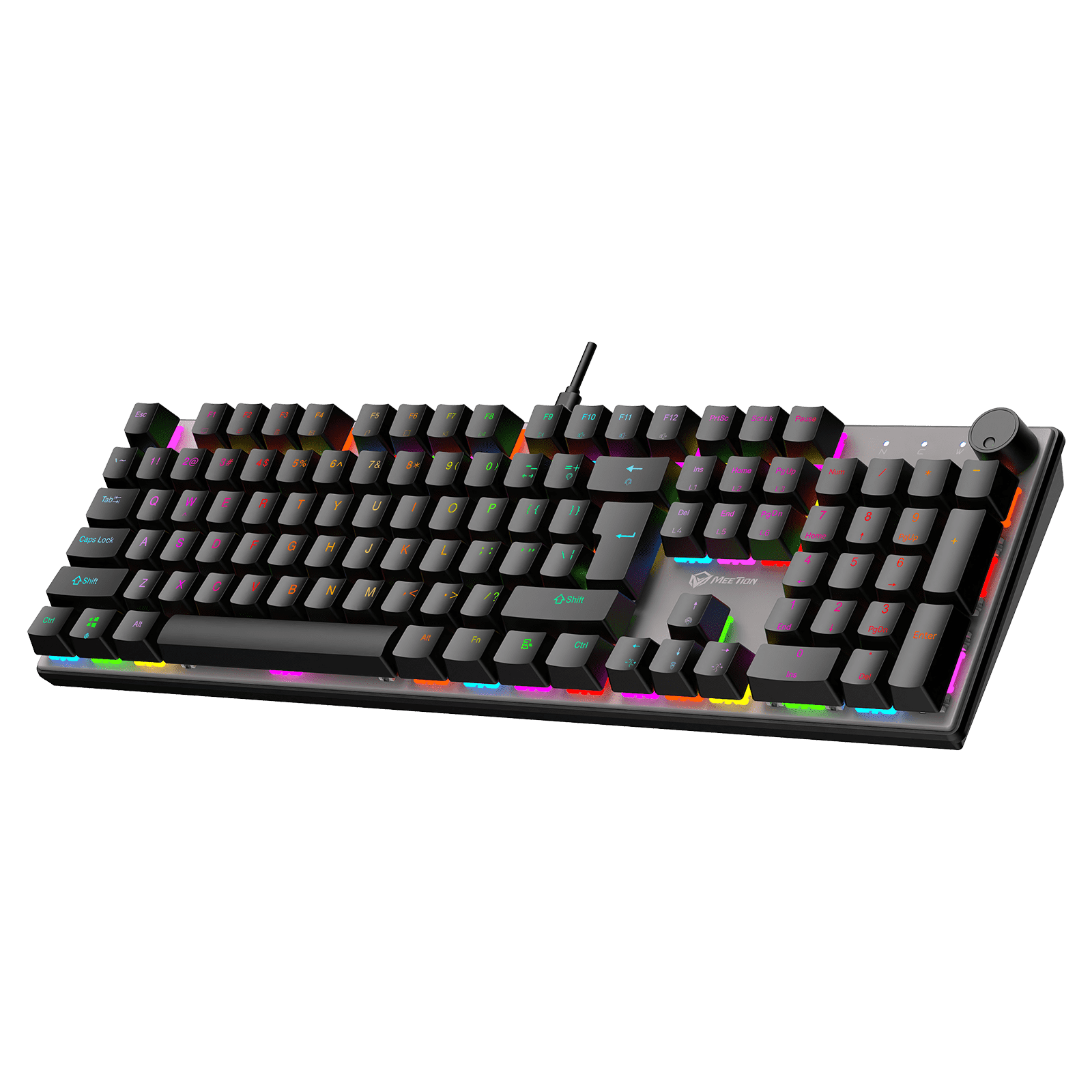 Mechanical keyboard with RGB lighting on a transparent background