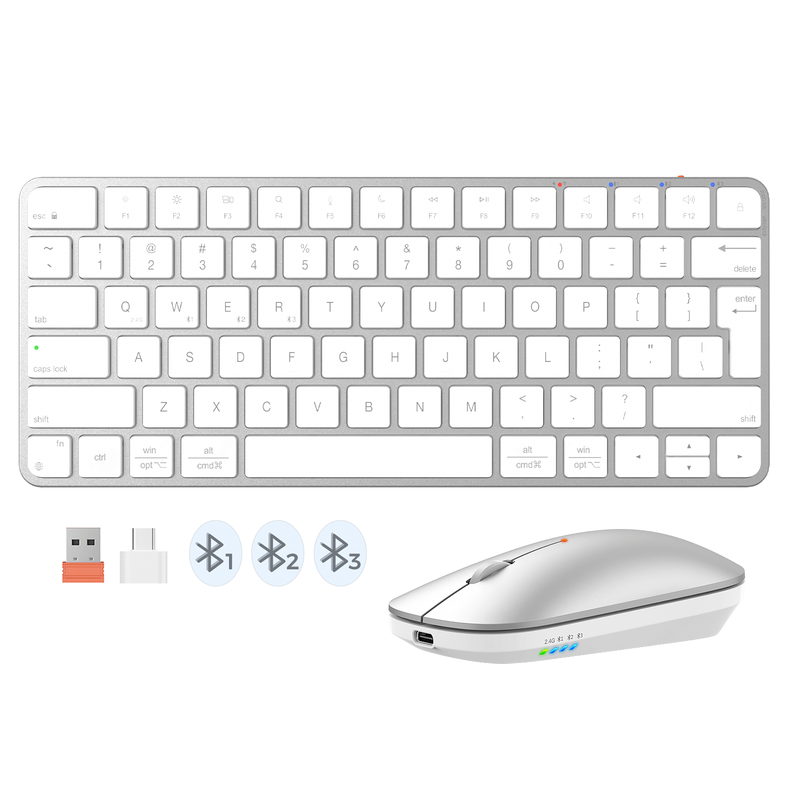 MEETION ikey C210 dual-mode wireless keyboard and mouse compatible with Mac OS, iPad OS, and iOS.