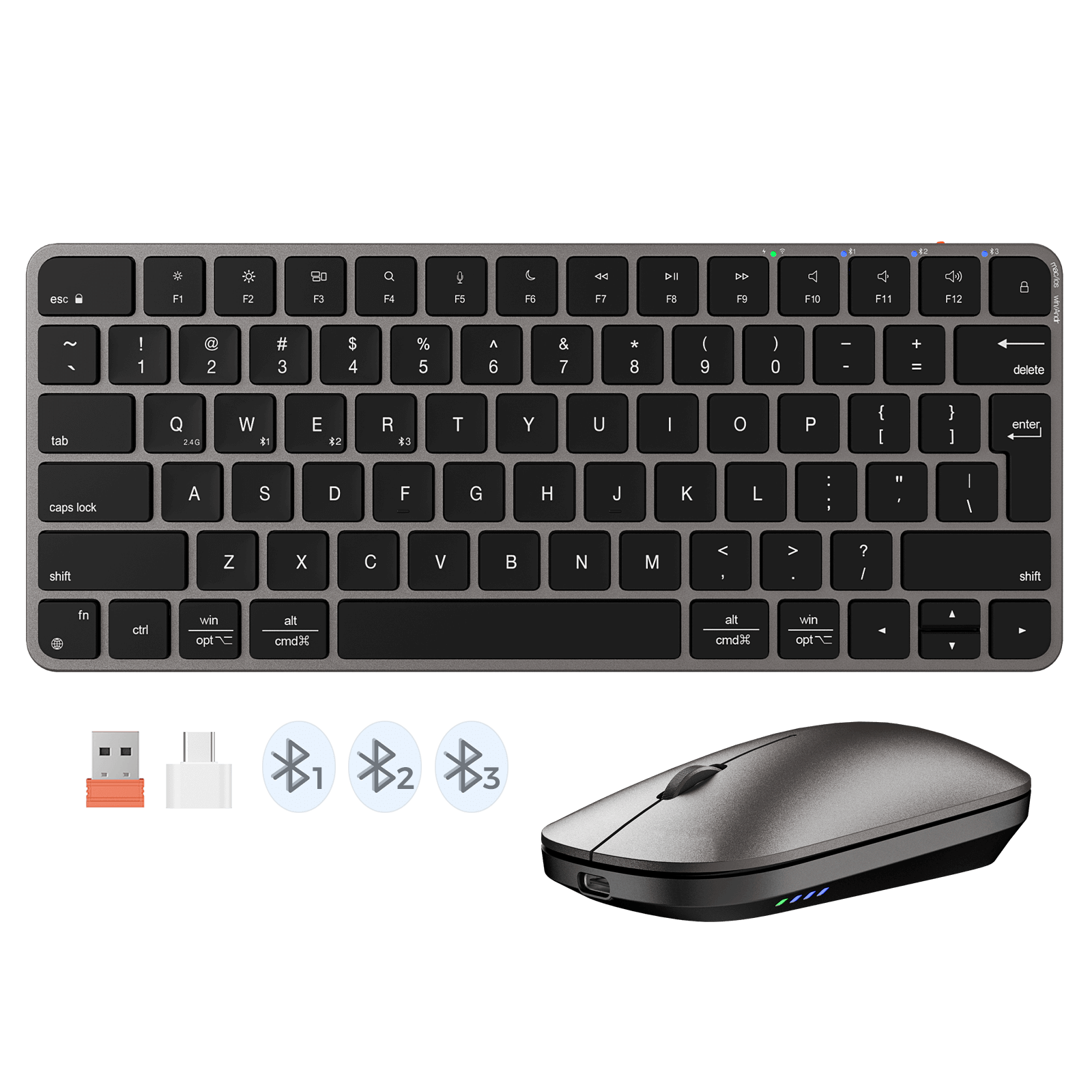 MEETION ikey C210 dual-mode wireless keyboard and mouse compatible with Mac OS, iPad OS, and iOS.