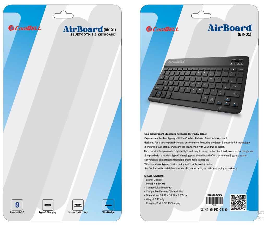 Coolbell Wireless Bluetooth Keyboard BK-01 | Slim, Rechargeable USB-C Keyboard for iPad & Tablets