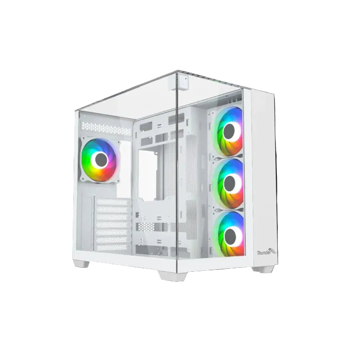 White computer case with RGB lighting on a black background