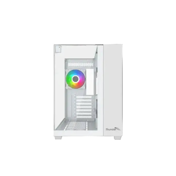 White computer case with a rainbow-colored LED light on a white background