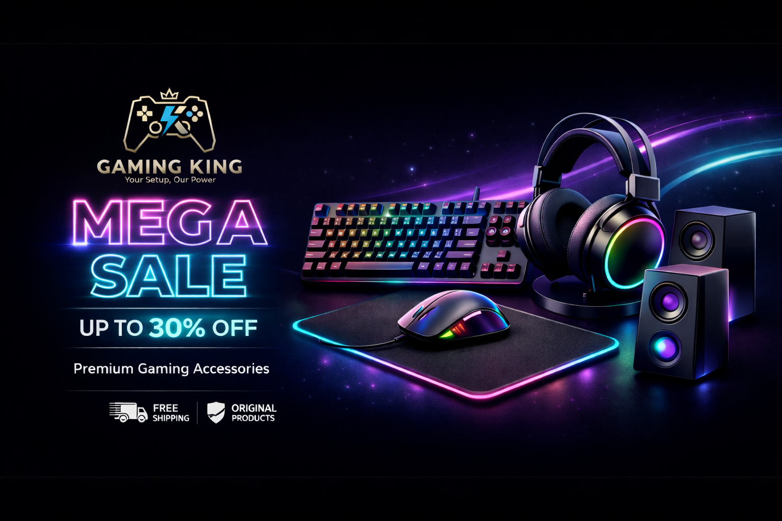Gaming accessories including a keyboard, mouse, headphones, and speakers with a 'Gaming King' Mega Sale advertisement on a dark background.