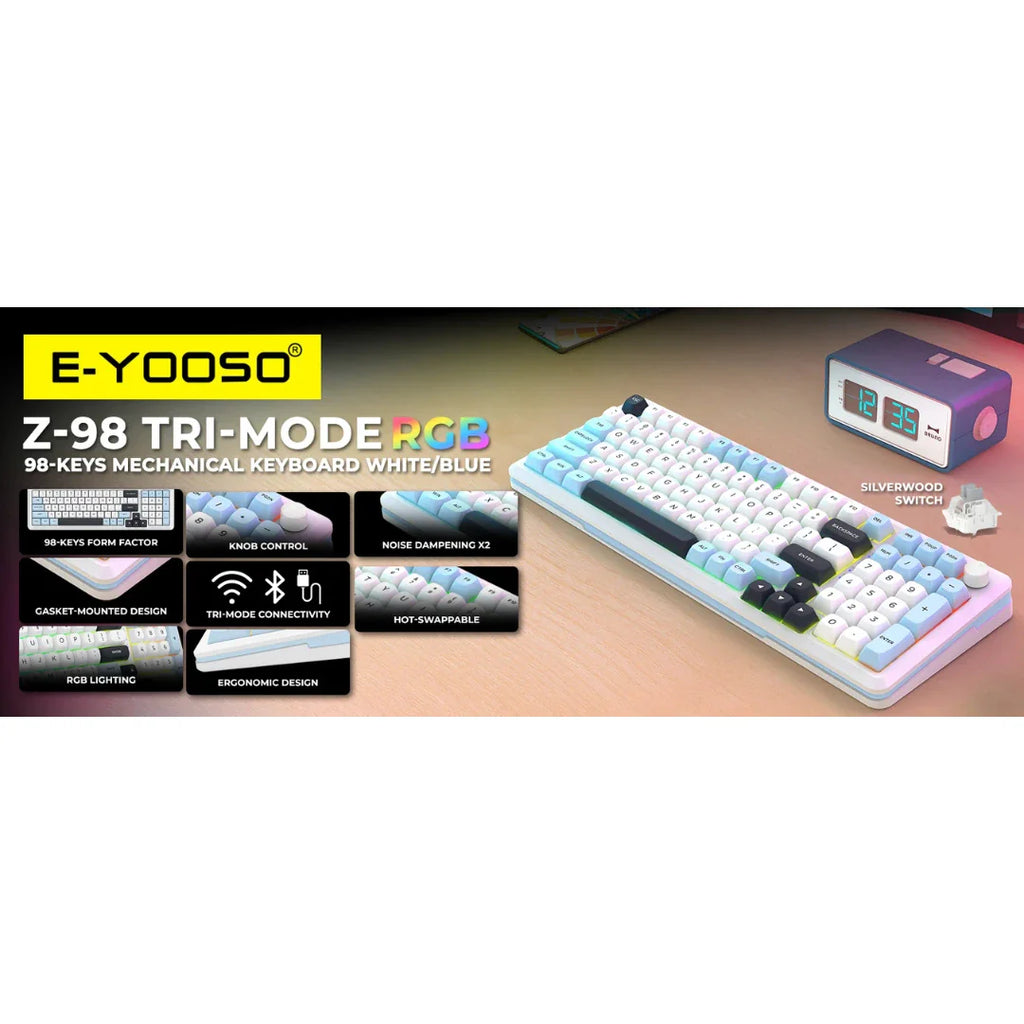 E-YOOSO Z-98 Tri-Mode RGB 98-Keys Mechanical Keyboard White/Blue (Silverwood Switch)