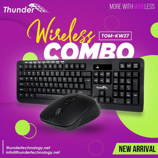 Thunder wireless keyboard and mouse combo on a purple background