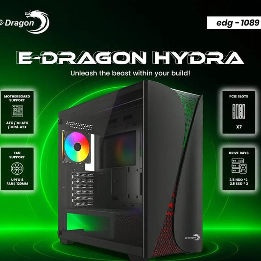 Computer case with E-Dragon Hydra branding on a green and black background