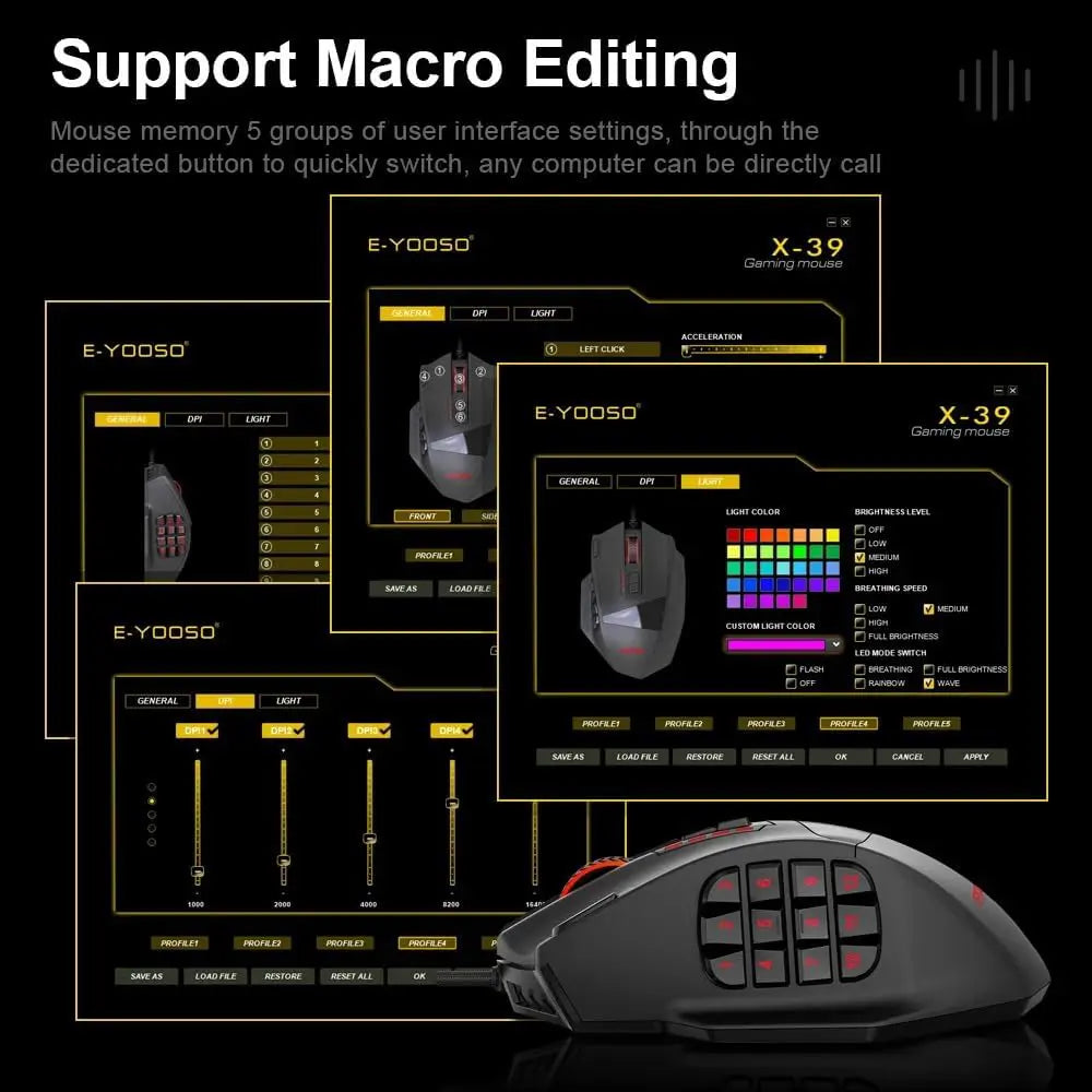 E-Yooso X39 Wired Gaming Mouse, PAW3327, RGB Backlit, 10 Macro Side Buttons