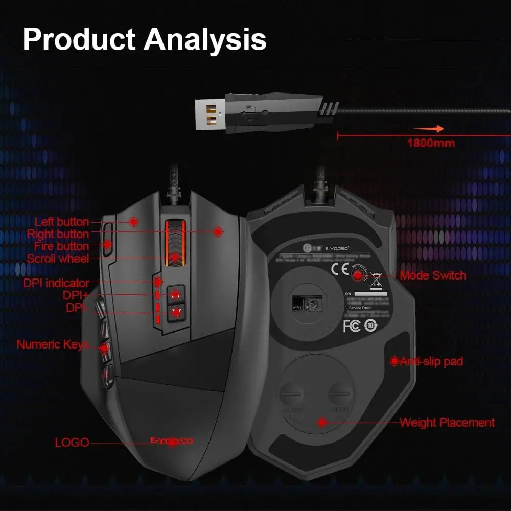 E-Yooso X39 Wired Gaming Mouse, PAW3327, RGB Backlit, 10 Macro Side Buttons