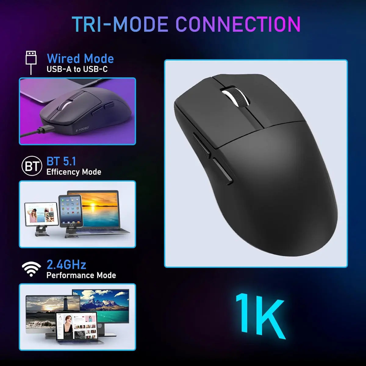 E-Yooso X44 1K Lightweight Gaming Mouse, Wireless Esports Mouse
